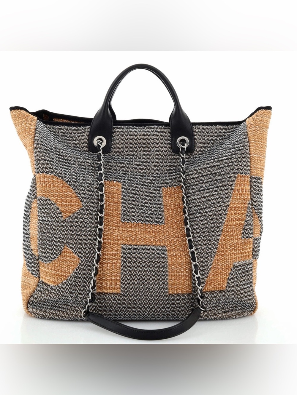 CHANEL Deauville Logo Shopping Tote - Printed Raffia Large